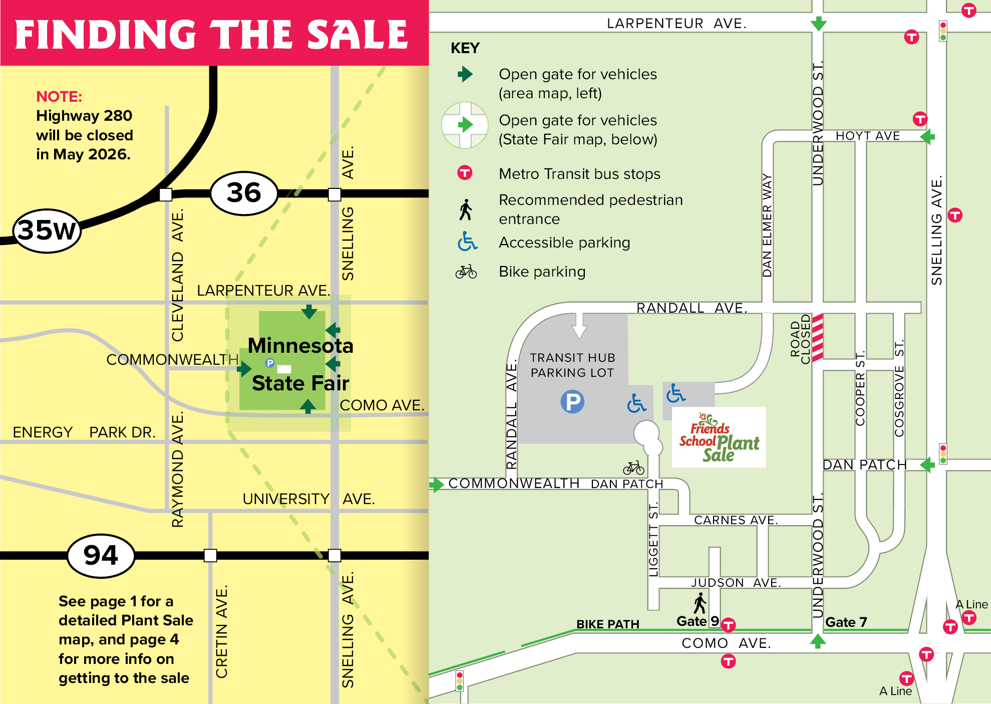 Driving map for the 2026 Plant Sale. On the left is a zoomed out map of the surrounding highways and streets, on the right is a map of the State Fair.